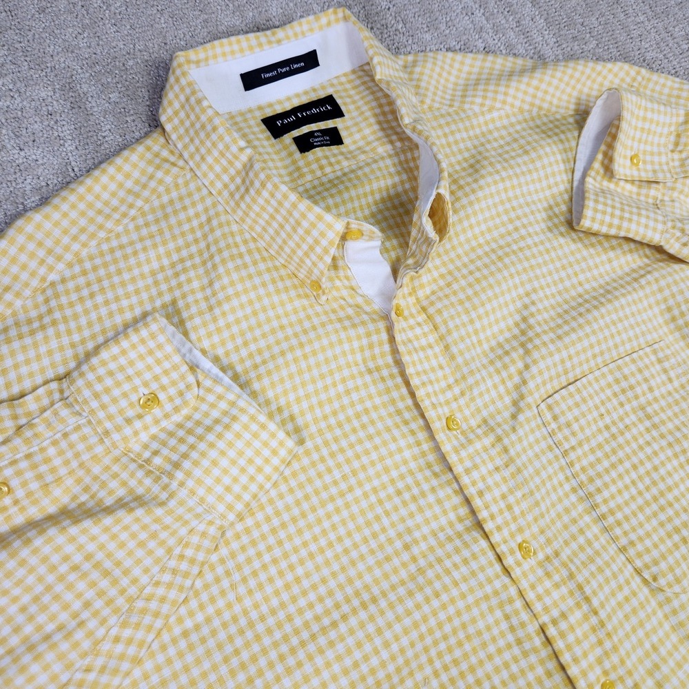 Paul Frederick Shirt Men 4XL 100% Linen Gingham Check Button Down‎ Classic Fit